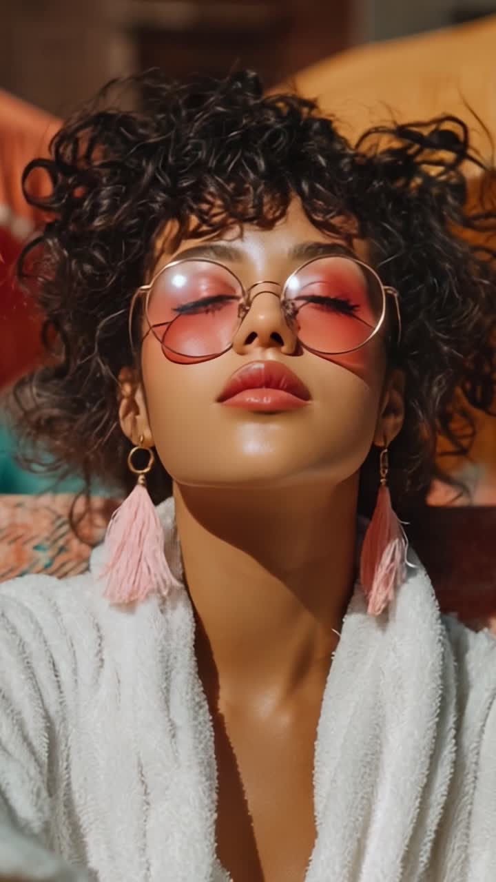 Fængslende skønhed: En stilfuld kvinde med krøllet hår og smarte accessories i en levende atmosfære, der udstråler selvtillid og glamour.