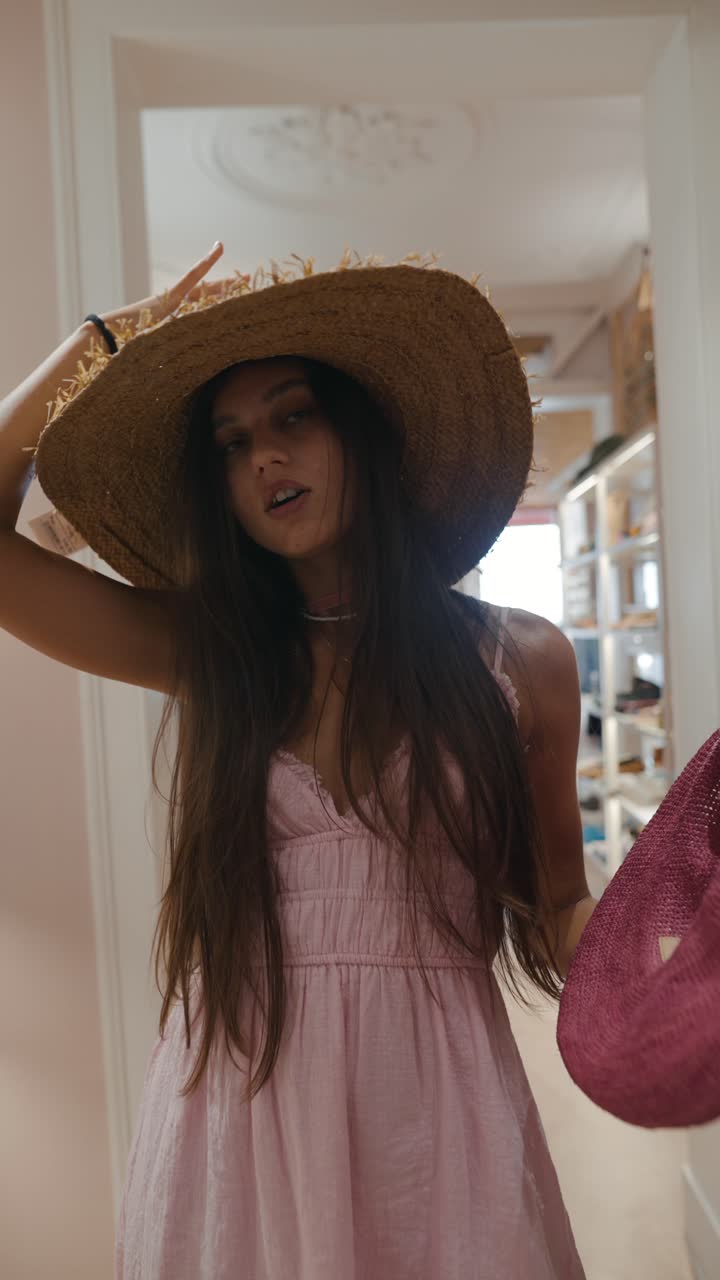 Woman in Pink Dress and Summer Hat