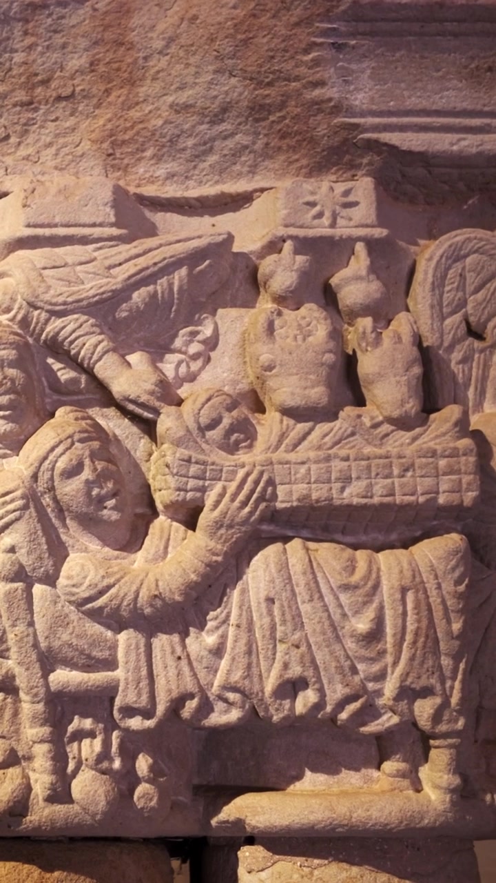 Soria, Spagna, 22 marzo 2026 Capitello romanico con intaglio della Natività di Gesù Cristo