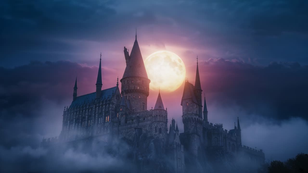 Full moon rising behind towered stone castle on cliff, casting glow with mist drifting amid clouds