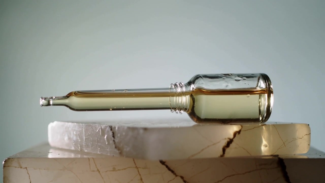 Skiftende lys får glassampullen til å vise bobler som driver og dråper som klamrer seg fast på marmorplater