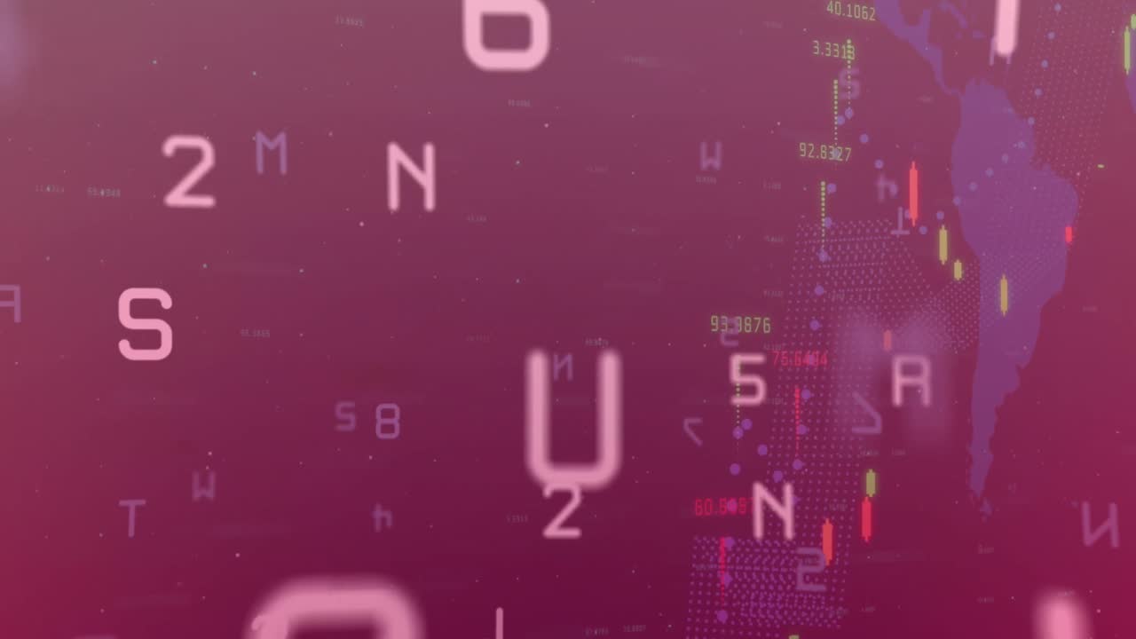 Animation of letters, numbers and multiple graphs with changing numbers over black background