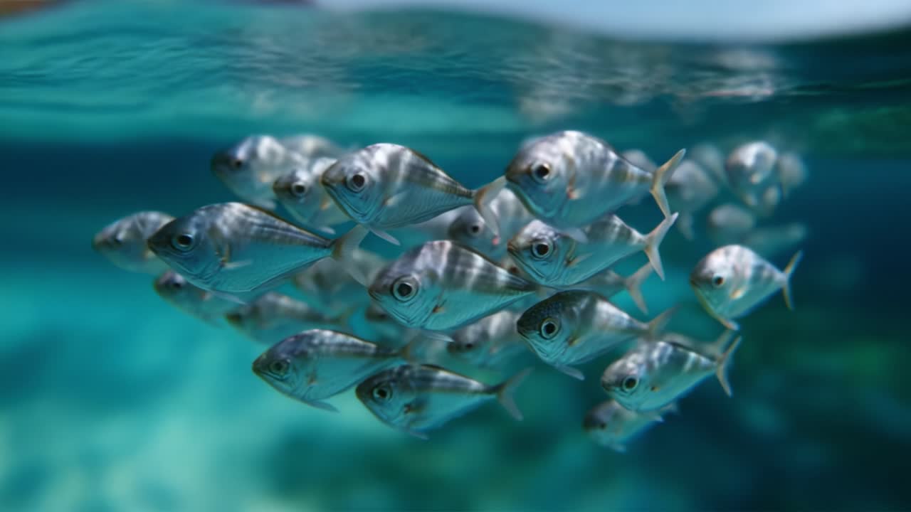 Una scena sottomarina incantevole che cattura un branco di pesci luccicanti che scivolano con grazia attraverso l'oceano cristallino, mettendo in mostra una vivace vita marina e armonia