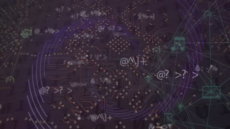 animation of qr code, multiple symbols, connected icons and fingerprints over circuit board