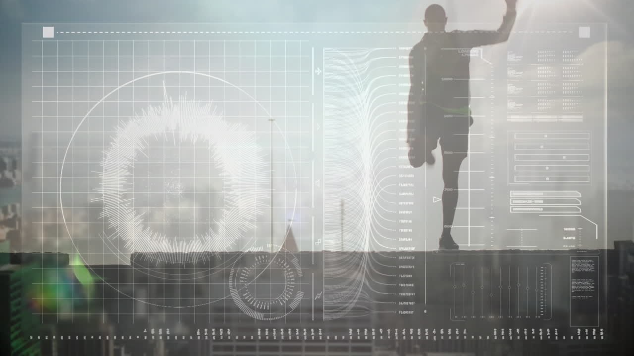 Animation of data processing over fit man exercising at beach