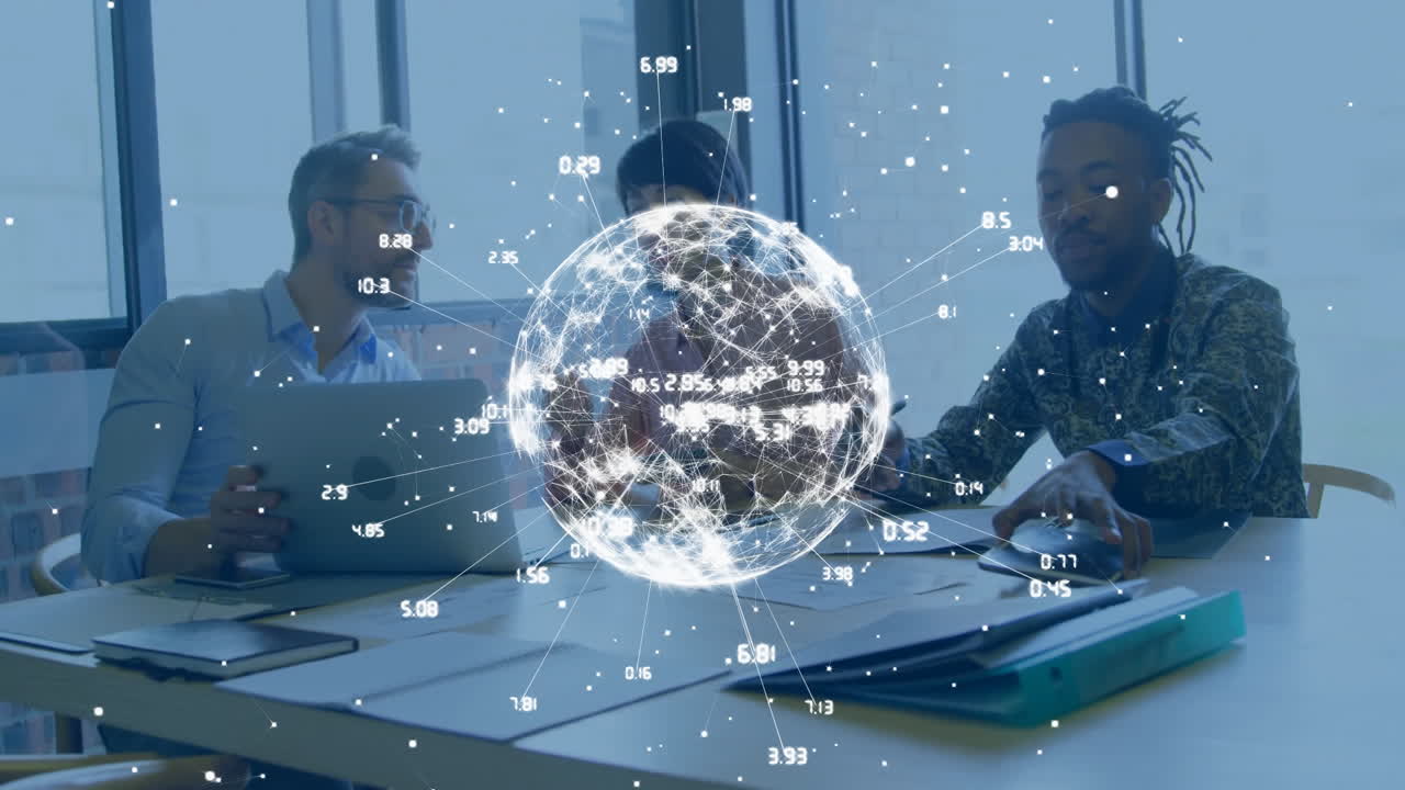 In office, business team collaborating with digital globe and animation overlay