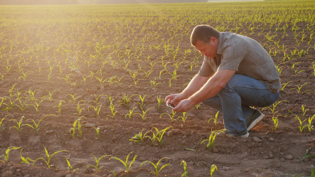 L'agricoltore fa ricerca sul campo, fotografa germogli di mais con uno smartphone.