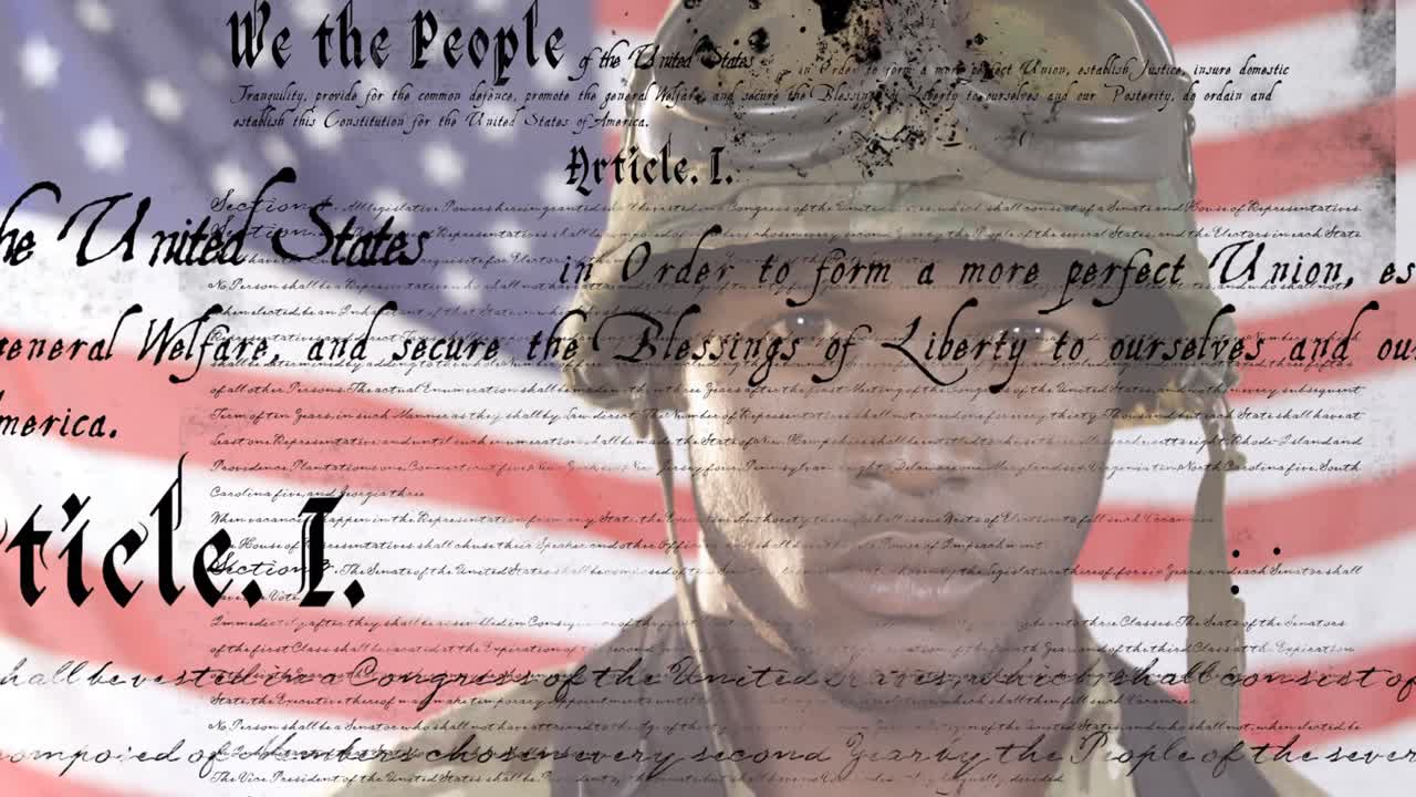 African American soldier with US flag waving and constitution foreground