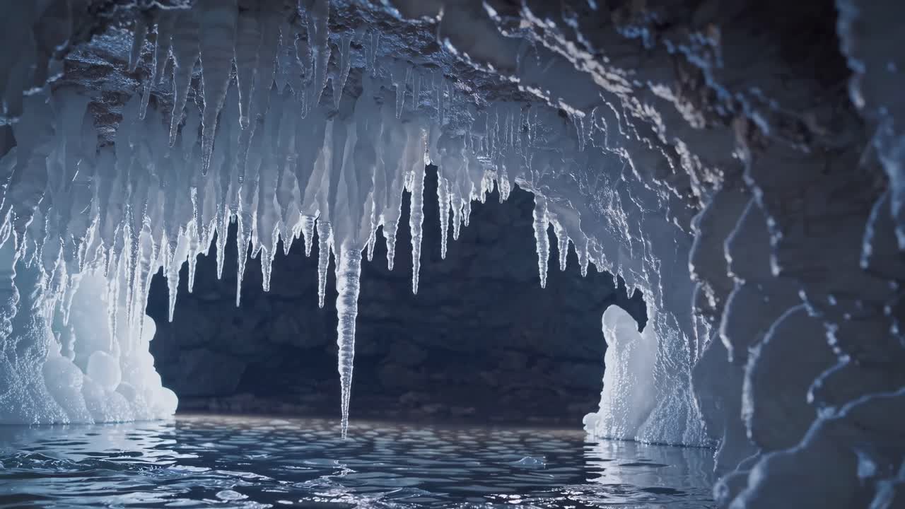 Wide-angle shot of an icy cave interior with stalactites, creating a dramatic, immersive video scene