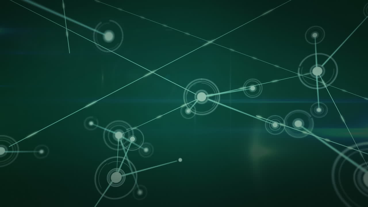 animación de patrones abstractos y destellos de lentes sobre datos y puntos interconectados con líneas