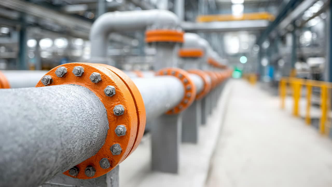 Industrial pipes in a modern facility. Orange and grey pipes run through a spacious industrial facility, showcasing a clean and organized work environment