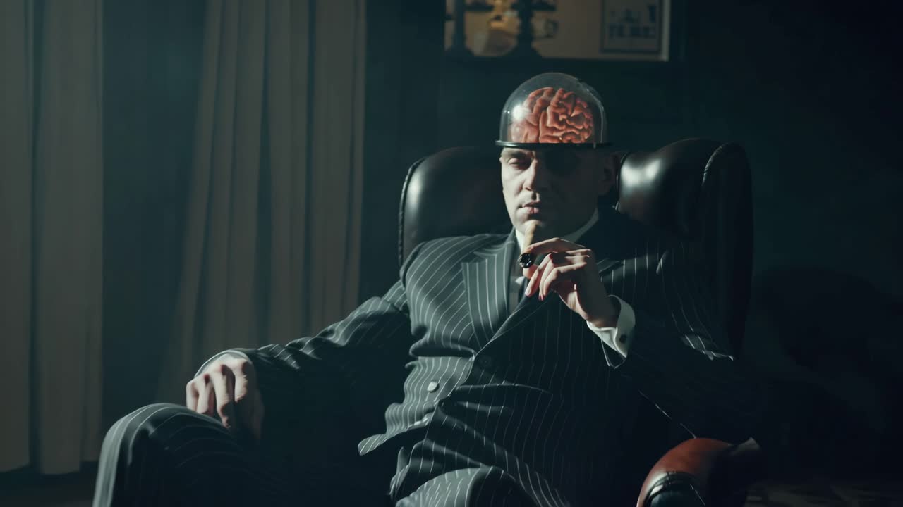 hombre con un casco cerebral fumando un cigarro