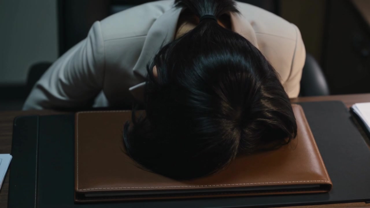 ベージュのブレザーを着た女性がオフィスで茶色のフォリオに頭を伏せ、ペンを耳に挟んでいる。