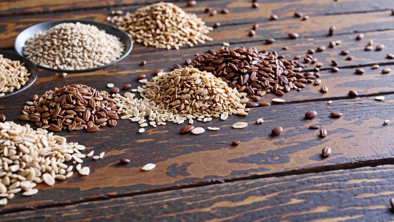 Various Healthy Seeds and Grains Piled on a Dark Wooden Surface