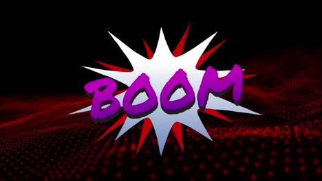 Animation-of-boom-text-over-red-dots-on-black-background