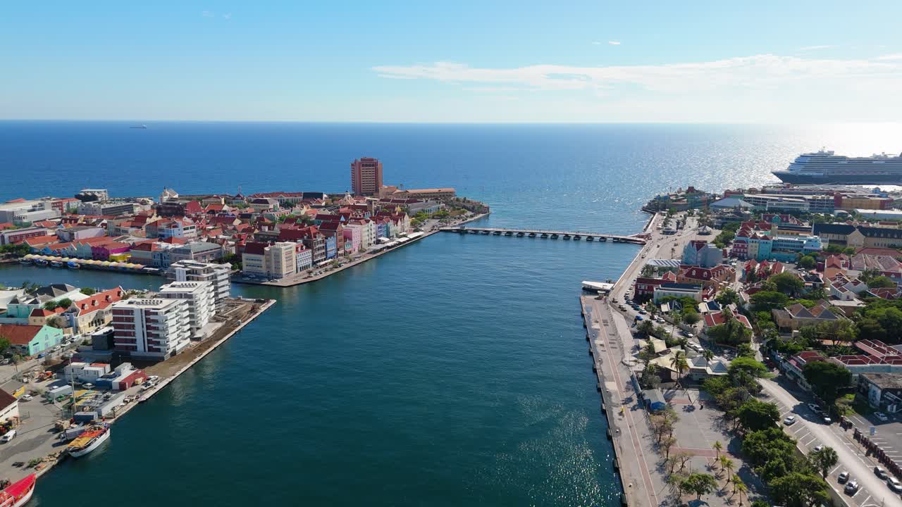 Panoramic aerial overview of Handelskade Punda District Willemstad Curacao and Queen Emma pontoon bridge