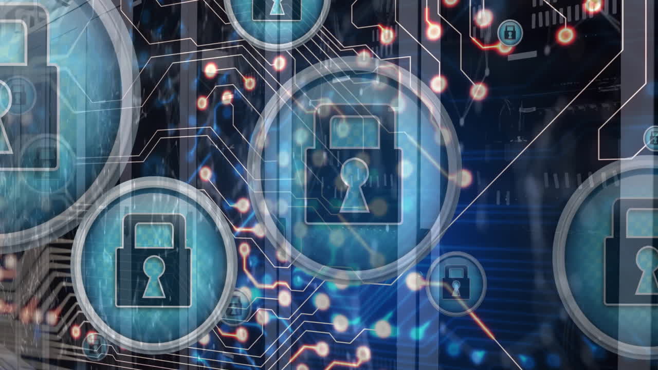 animación de iconos de candados y procesamiento de datos a través de servidores informáticos
