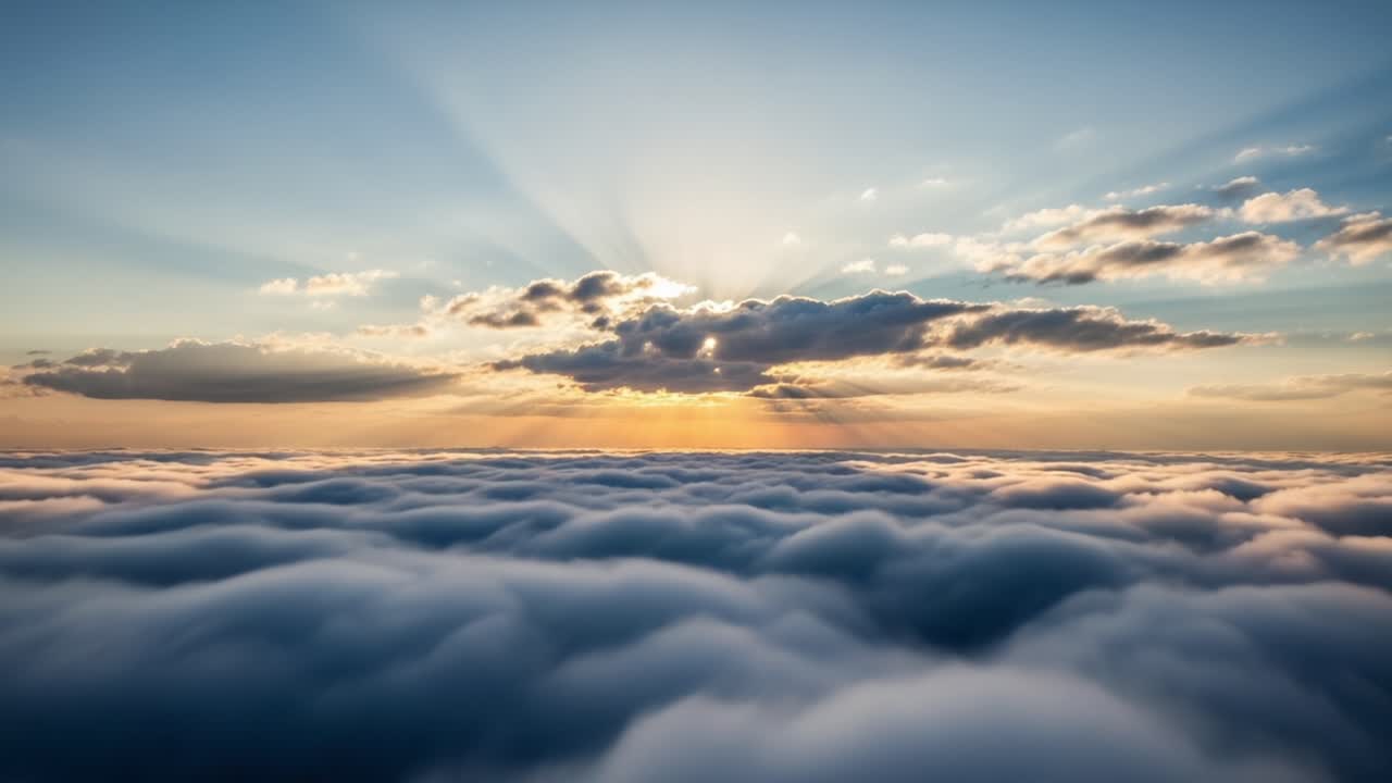 A Breathtaking View of the Sky at Sunrise, Showcasing Beautiful Cloud Patterns with Golden Rays Breaking Through the Horizon