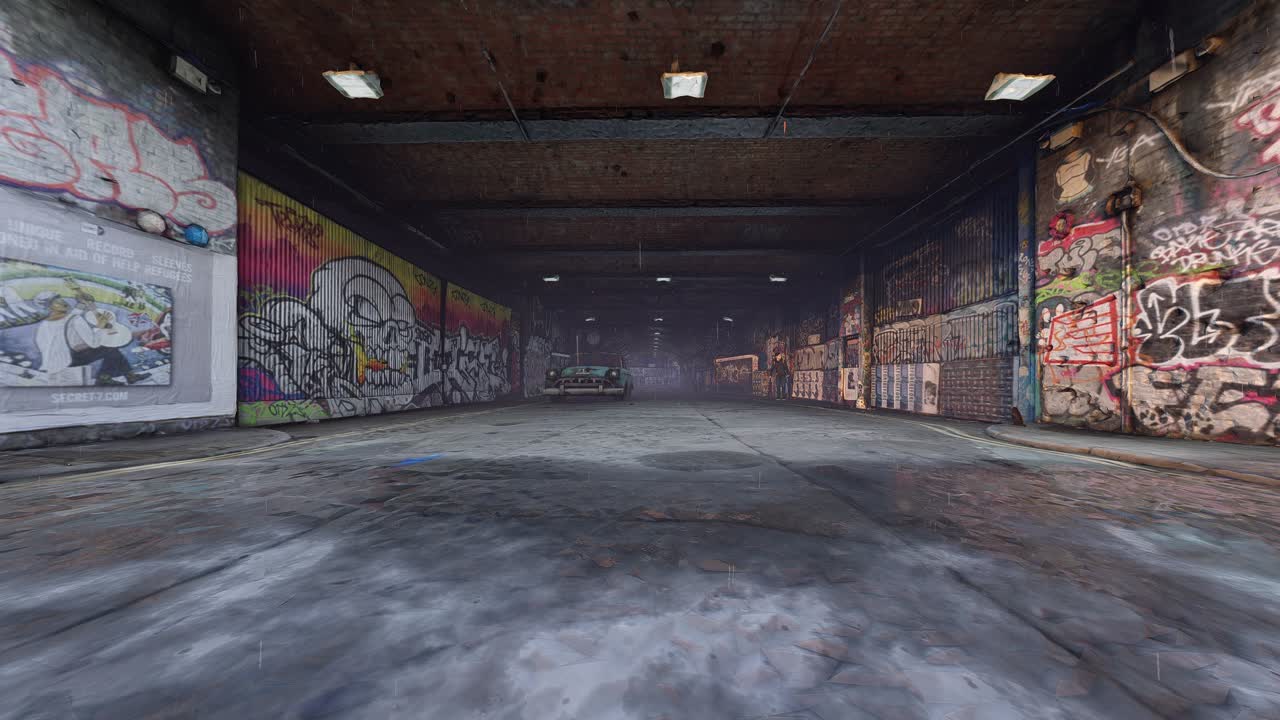Graffiti-covered urban tunnel with a vintage car
