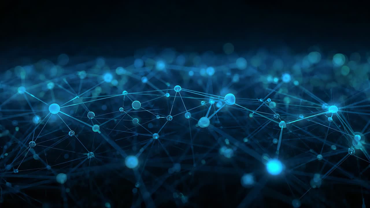 Camera moving forward showing glowing mesh in dark void, revealing pulsing blue nodes and lines