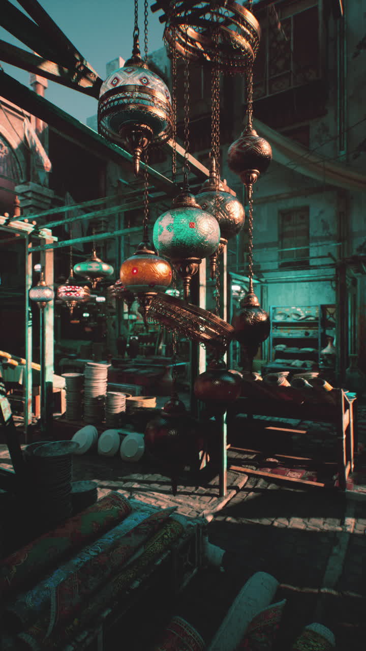 중동 시장 에서 매달린 램프 들 의 근접