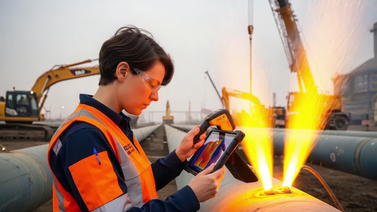 A Worker Utilizes Advanced Technology to Monitor Pipeline Conditions While Sparks Erupt, Highlighting Safety and Maintenance in Industrial Environments