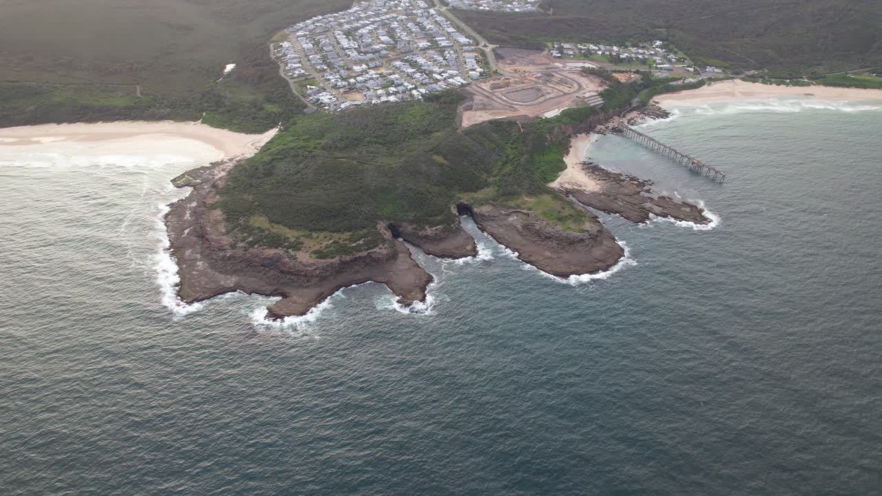 Hales Bluff With Catherine Hill Bay Pier In NSW, Australia - Drone Shot