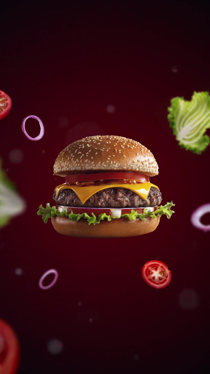 Juicy cheeseburger with bacon, beef and guacamole end fresh lettuce, tomato, onion - Animation intro Promotion, advertising or marketing - vertical video for price tag or sale