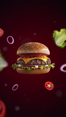 juicy cheeseburger with bacon, beef and guacamole end fresh lettuce, tomato, onion - animation intro promotion, advertising or marketing - vertical video for price tag or sale