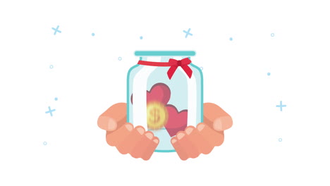 frasco de donación con corazones y dinero