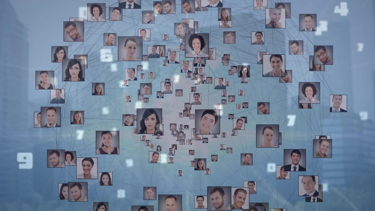 Animation of data processing and people icons over cityscape