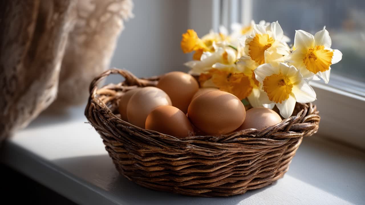 A Delightful Arrangement of Fresh Eggs Nestled Among Beautiful Daffodils in a Rustic Basket by the Sunlit Window, Showcasing Natural Beauty and Simplicity