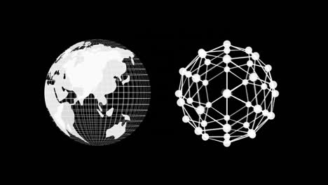 digital animation of globe of connected dots and globe icon spinning against black background