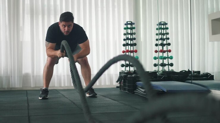 Man Using Battle Ropes For Whipping Exercise in a Gym in slow motion