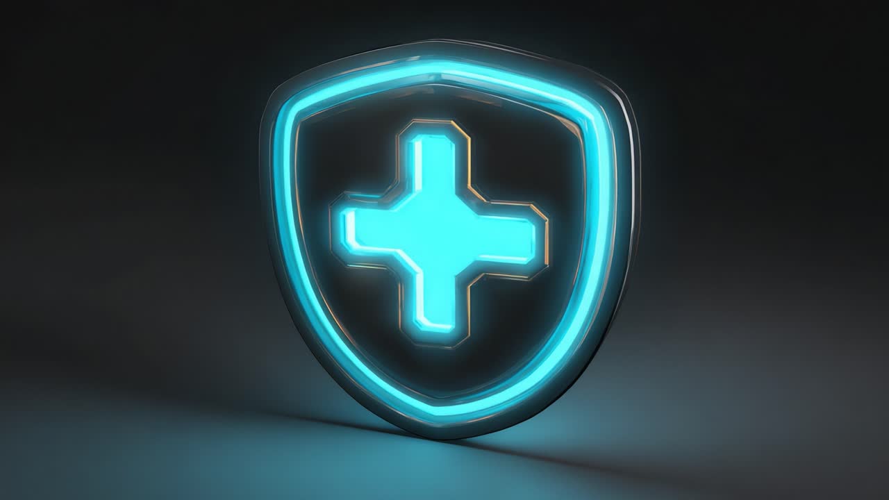 A futuristic glowing shield emblem featuring a cross symbol, representing health and protection, set against a dark background enhancing its luminous blue accents
