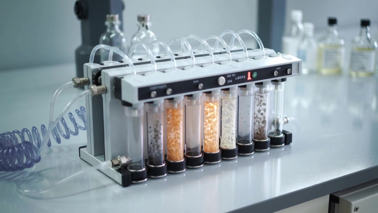 Lighting control panel starting tube array lifting particles at lab bench, with coil tubing