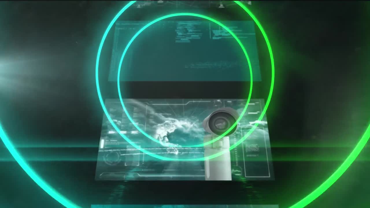 animación de círculos de neón azules y verdes sobre el procesamiento de datos en cascada de pantallas de interfaz