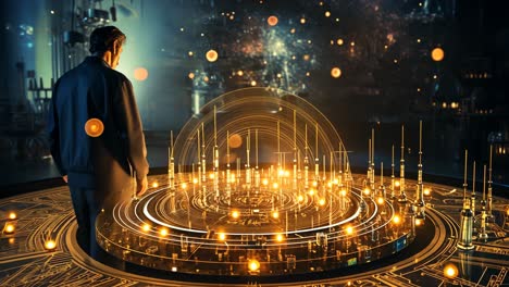 exploring a futuristic city with luminous circular structures