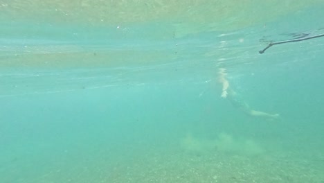 person swimming underwater in a river