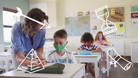 animación de elementos escolares iconos que se mueven sobre los escolares que llevan máscaras faciales