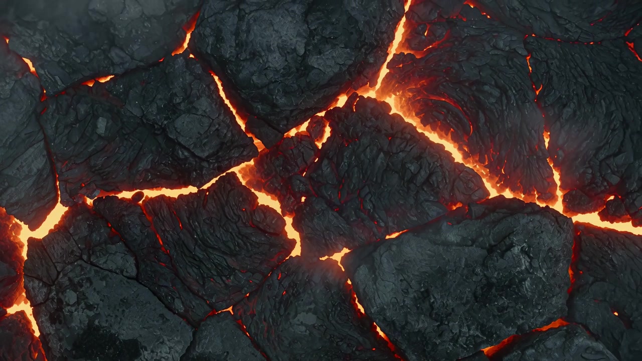 Lastre di roccia di carbone grezzo riempiono l'inquadratura mentre la lava fusa brillante risplende sotto fessure irregolari, rivelando bordi rosso-arancio, una sottile foschia, una texture profonda e una composizione ravvicinata dall'alto