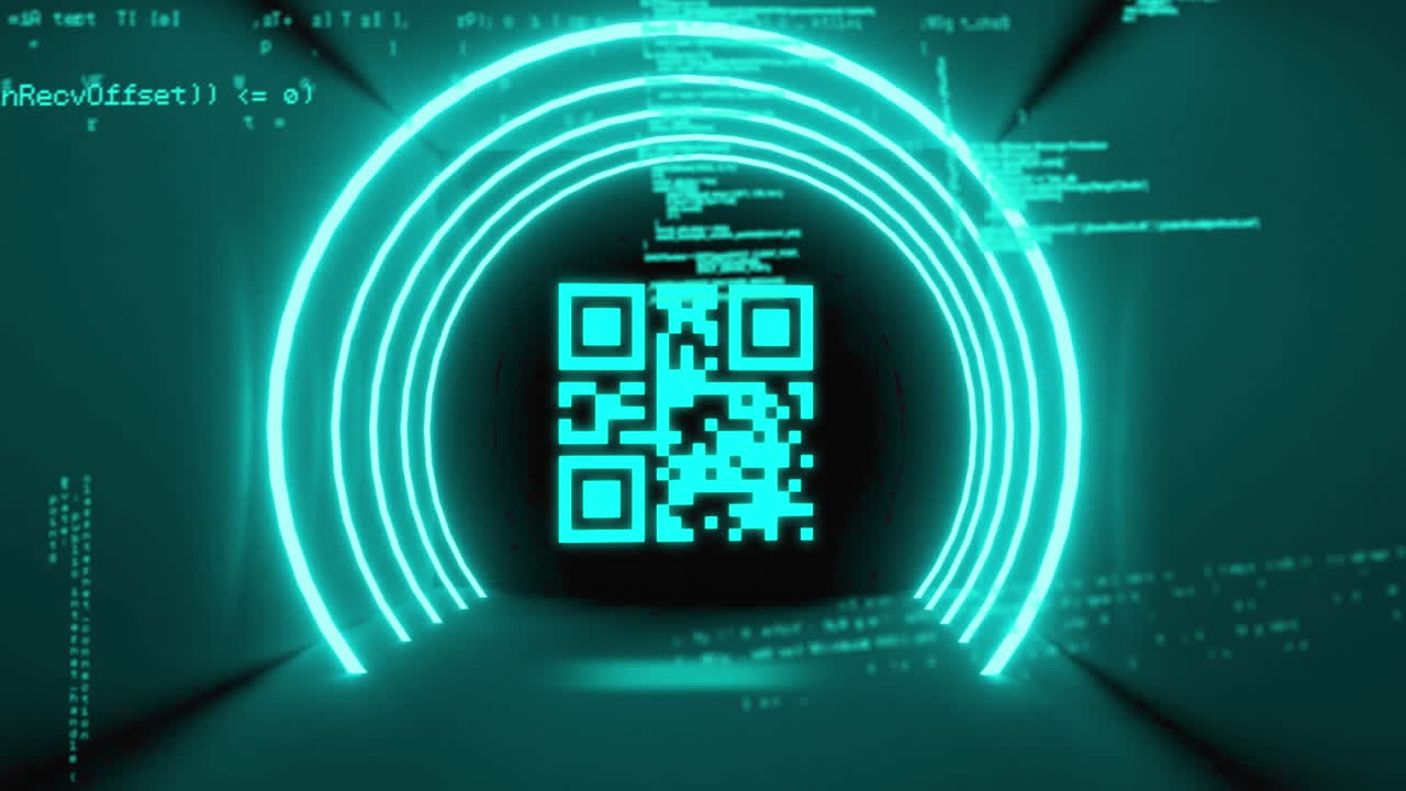 escáner de código qr sobre círculos de neón contra el procesamiento de datos