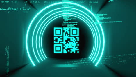 QR code scanner over neon circles against data processing