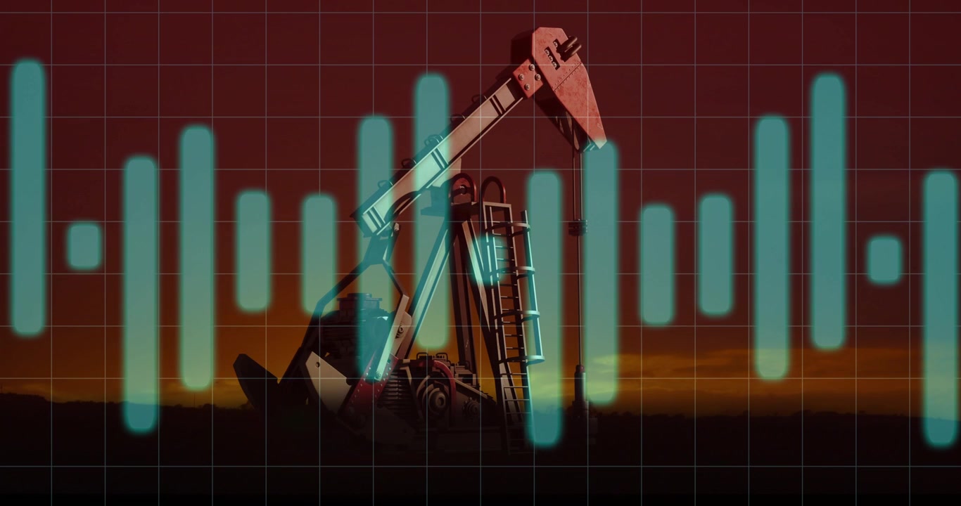 Oil pumpjack rocking triggered by teal bars appearing sliding changing heights to show output data