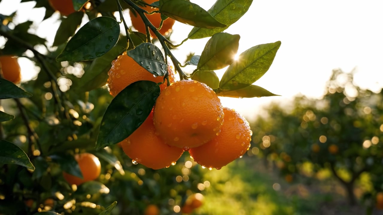 Arance vivaci che brillano di rugiada all'alba: Un primo piano di agrumi succosi in un frutteto lussureggiante, che riflette la bellezza dell'abbondanza della natura e della luce del mattino