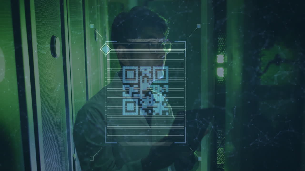 Analyzing QR code data with animation, scientist working in high-tech laboratory