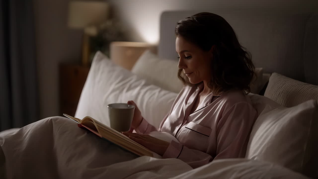 Woman reading a book and drinking from a mug in bed at night