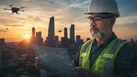technological evolution in urban development: a construction worker analyzes drone data amidst a skyline at sunset