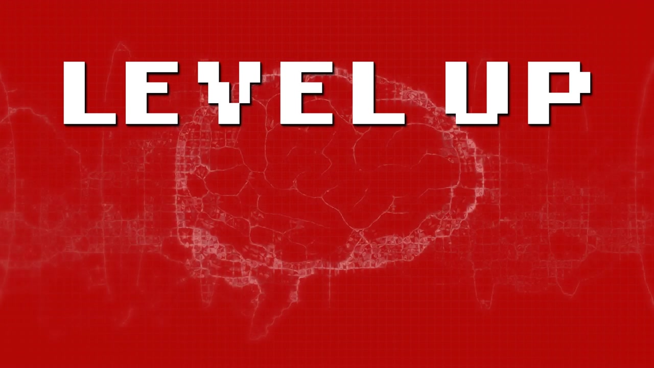 Animation of level up over digital human brain and dna helix against red background
