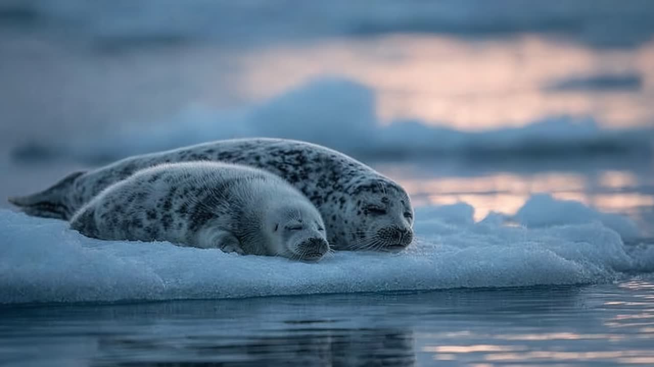 Et roligt øjeblik med en sælmor og hendes unge, der hviler på isen. Deres fredfyldte søvn fanger naturens skønhed i de arktiske vande.